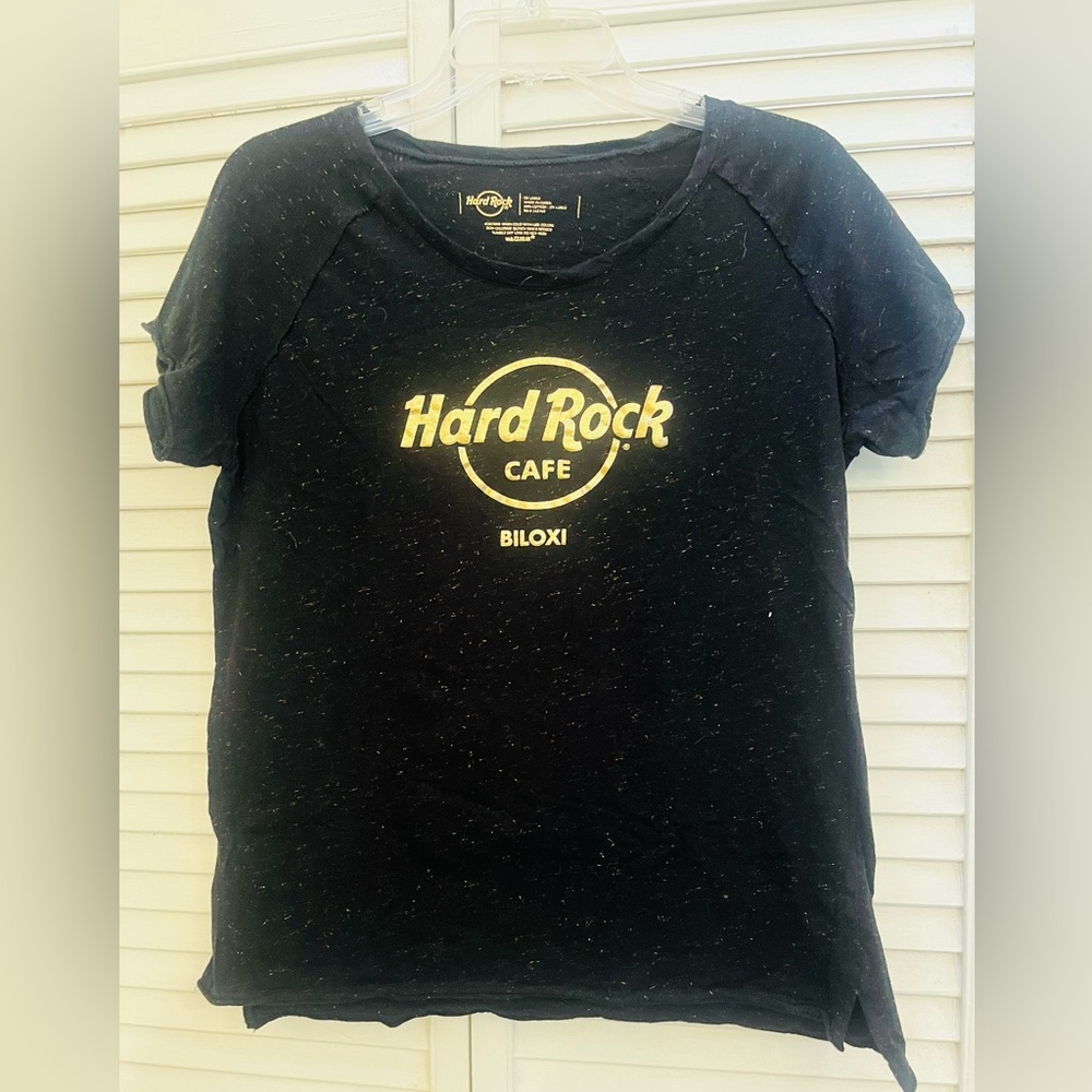 HARD ROCK Cafe Black Tee with shimmer black and Gold Logo
